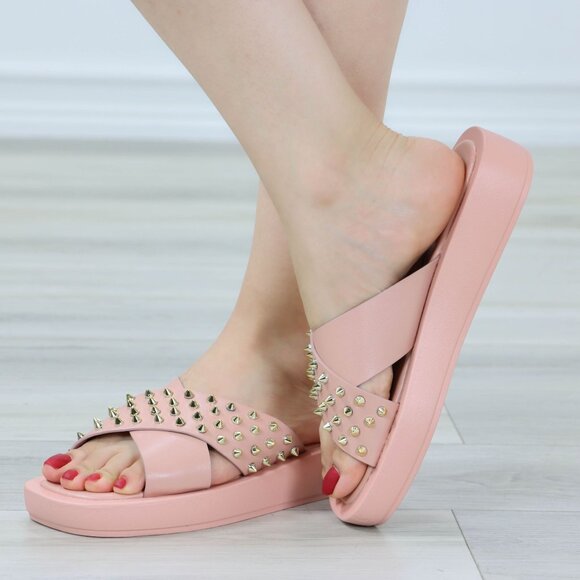 Pink Flat Sliders Sandals Slip On Faux Leather Gold Metal Stud Cross Over - Picture 7 of 14